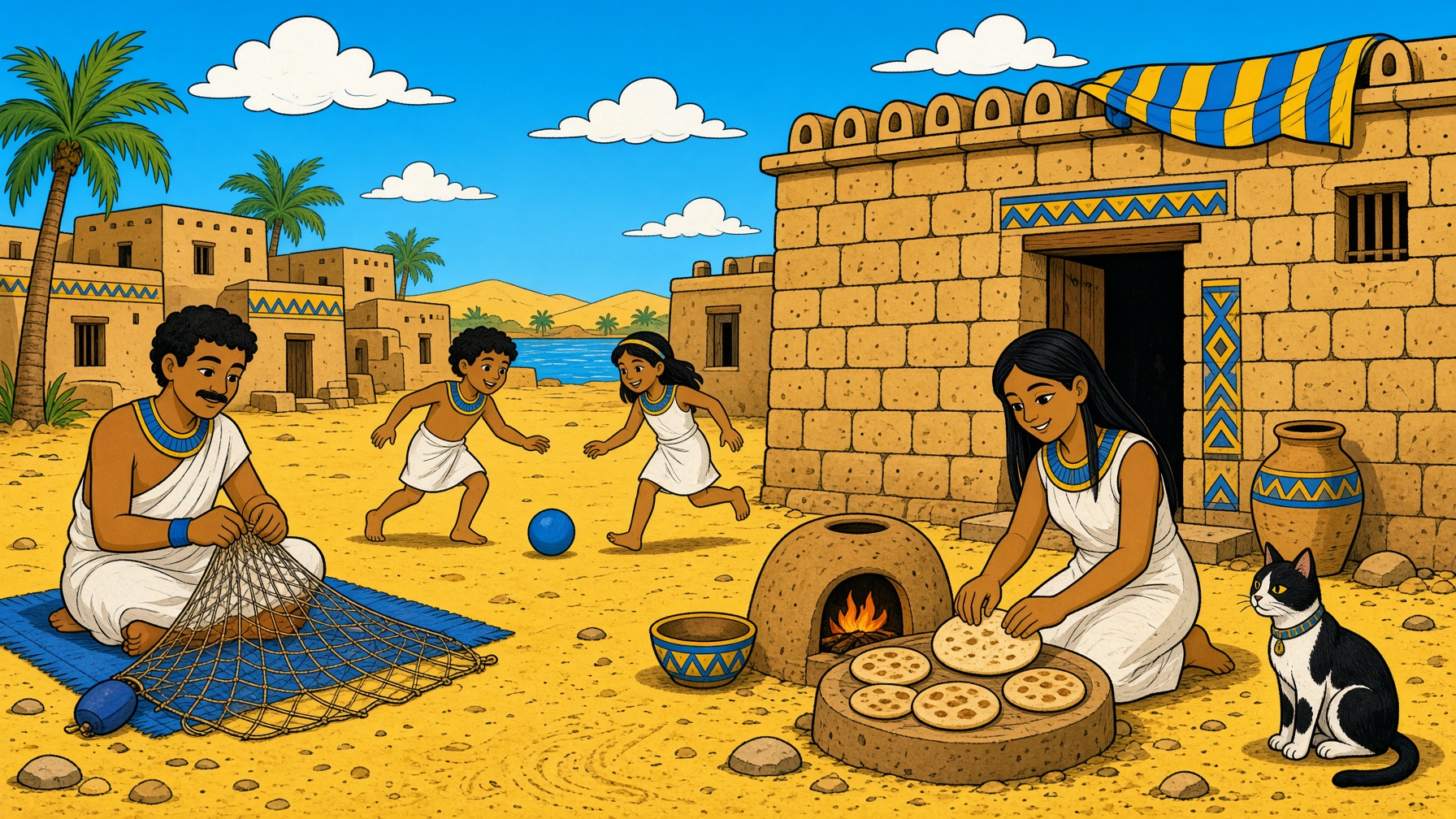 A village with a woman baking, a man with a net, children, and a cat
