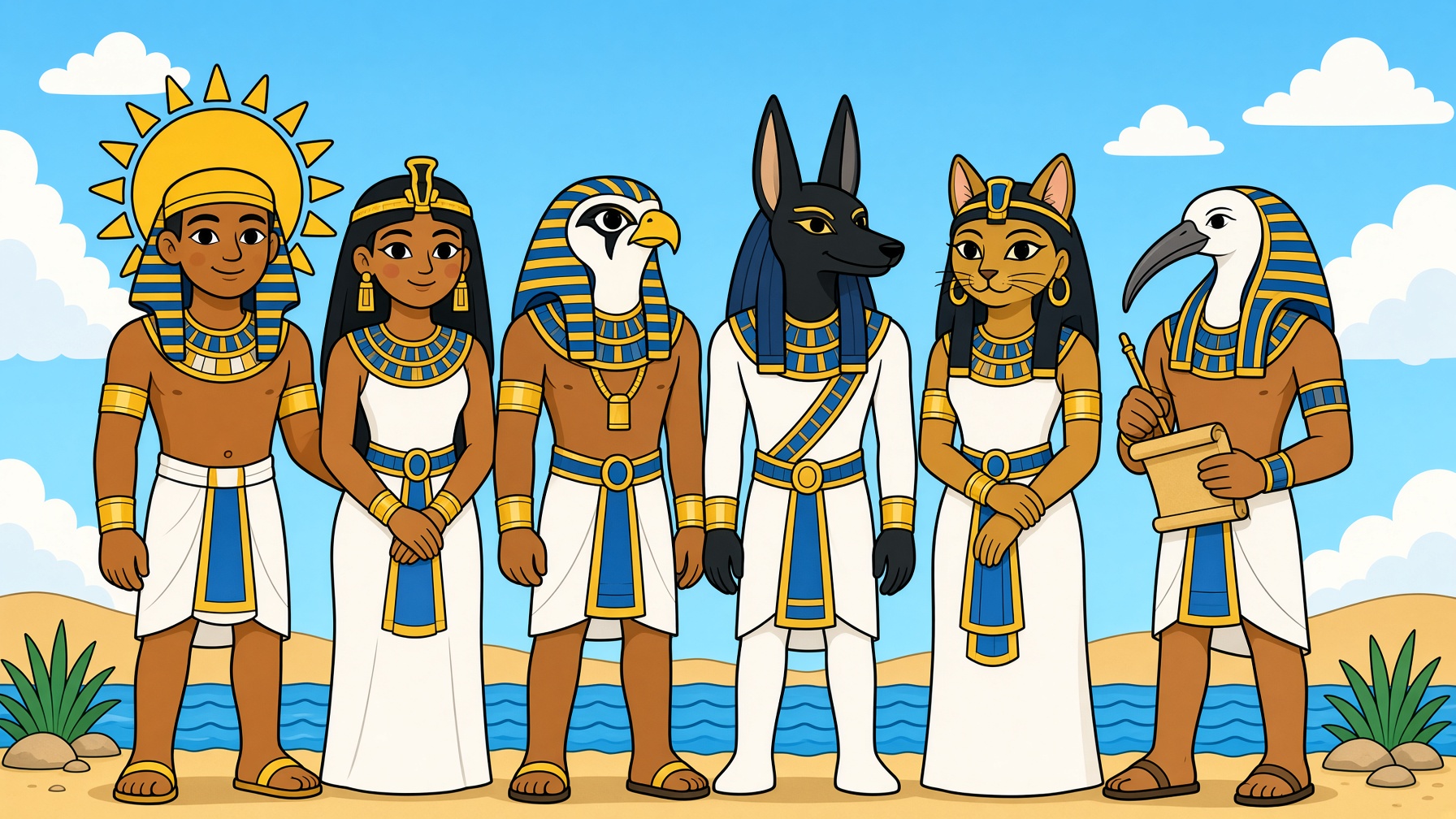 Friendly Egyptian gods, including a cat goddess and a sun god