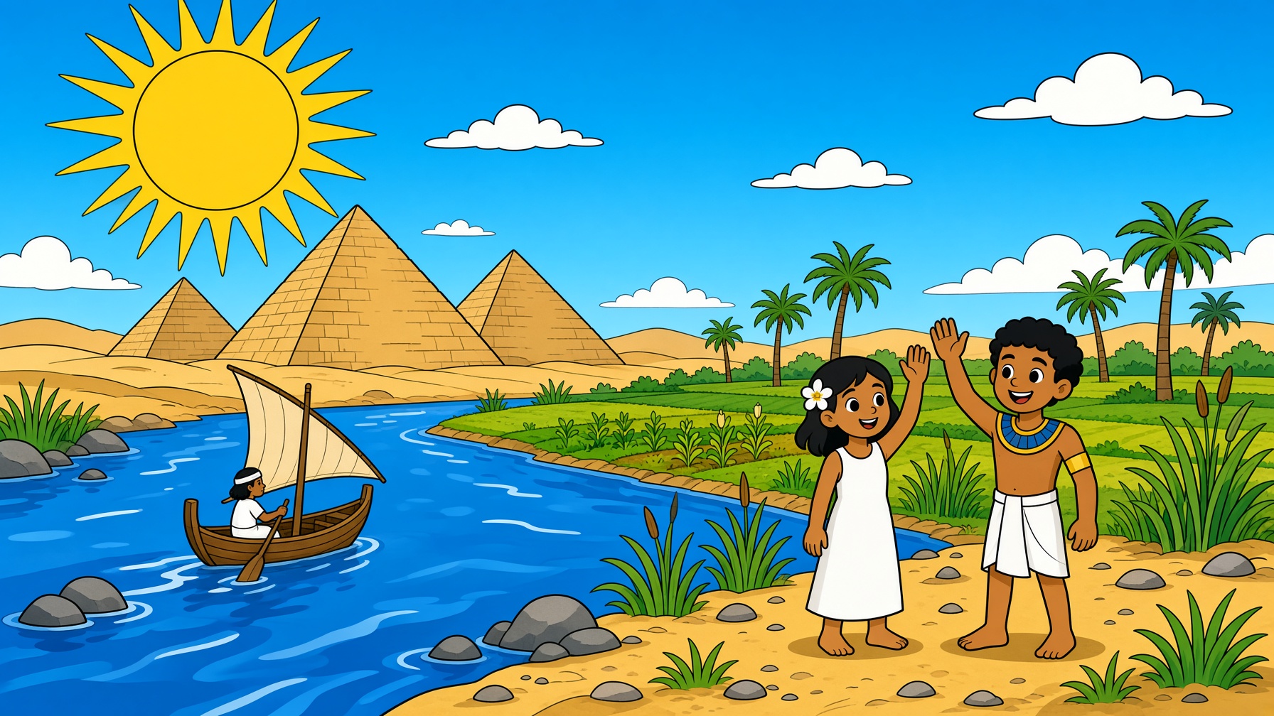 Children wave beside the Nile, with a boat, farms, and pyramids