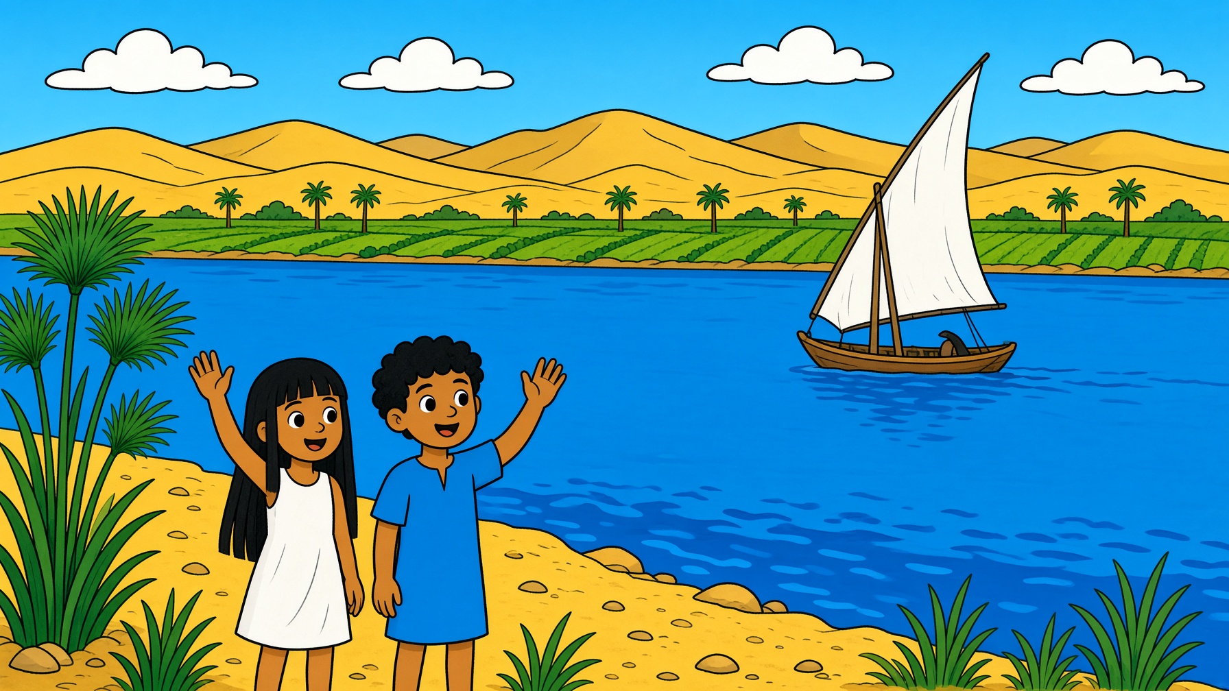 The Nile, a sailboat, farms, and two children