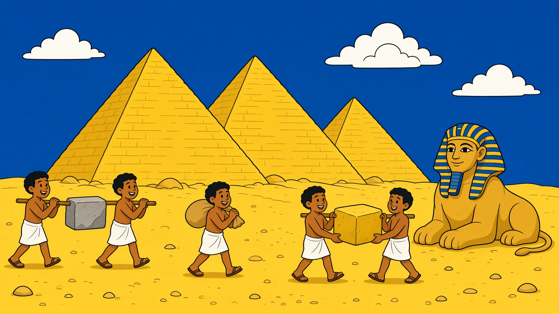 Three pyramids, the Sphinx, and workers on yellow sand