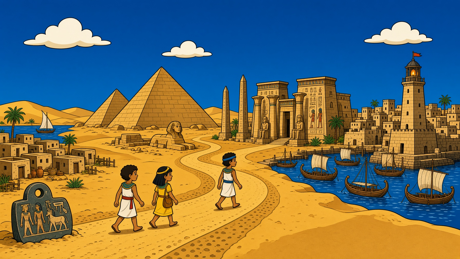 Children walk a golden path from early villages, past pyramids and temples, to a harbor city