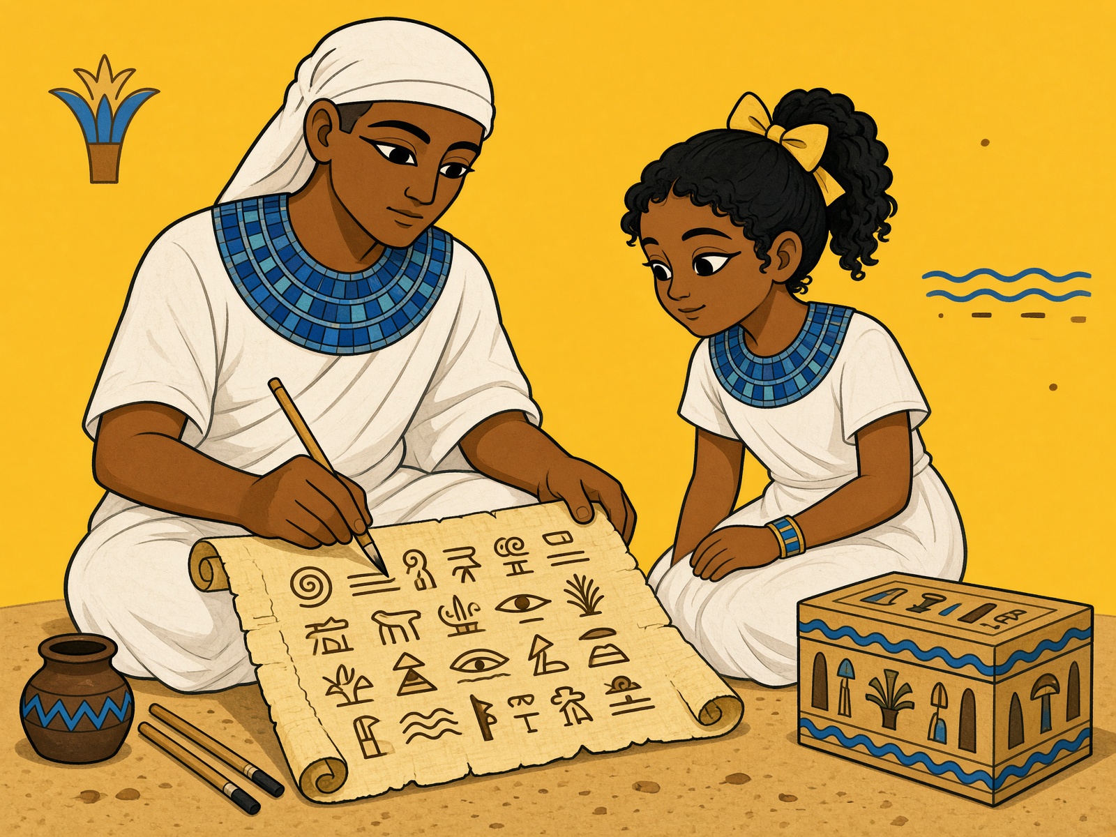 A scribe and a girl with a bow look at a papyrus
